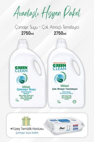 Green Clean Çamaşır Suyu 2,75 lt, Çok Amaçlı 2,75 lt ve Çamaşır Sulu Yüzey 100' lü
