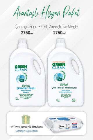 Green Clean Çamaşır Suyu 2,75 lt, Çok Amaçlı 2,75 lt ve Çamaşır Sulu Yüzey 100' lü