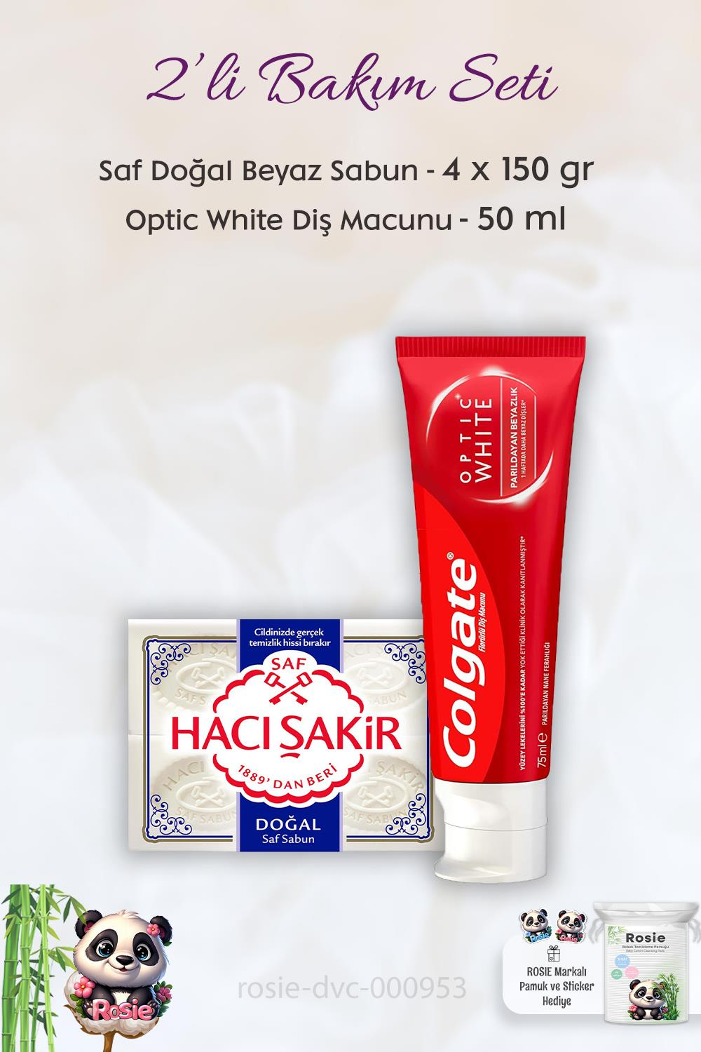 Colgate Optic White Parıldayan Beyazlık 50 ml,   H. Şakir Saf Doğal Sabun 4 x 150 gr ve ROSIE
