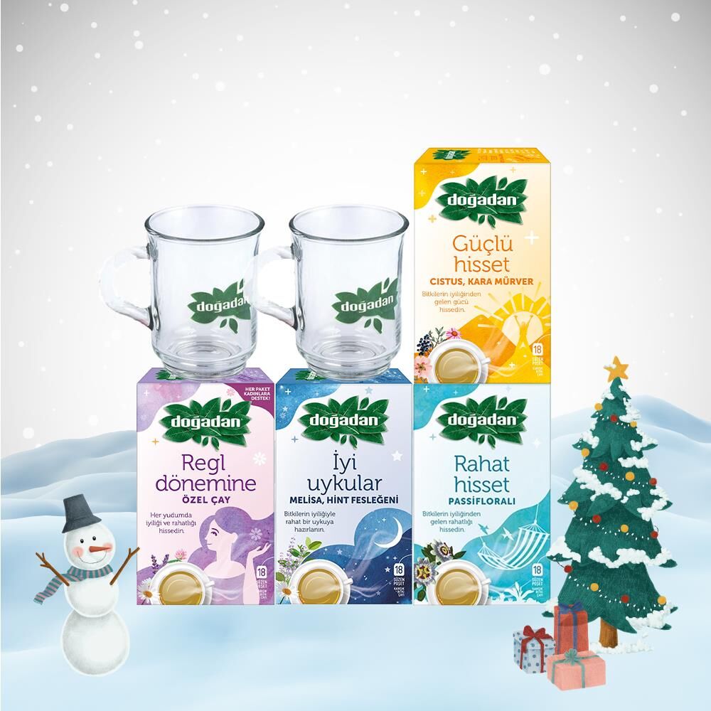 DoğadanYılbaşı Paketi Özel Çaylar Seti, 2 Adet Cam Bardak Hediyeli