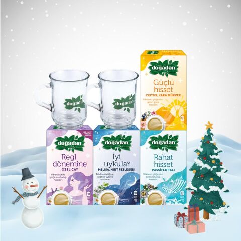 DoğadanYılbaşı Paketi Özel Çaylar Seti, 2 Adet Cam Bardak Hediyeli