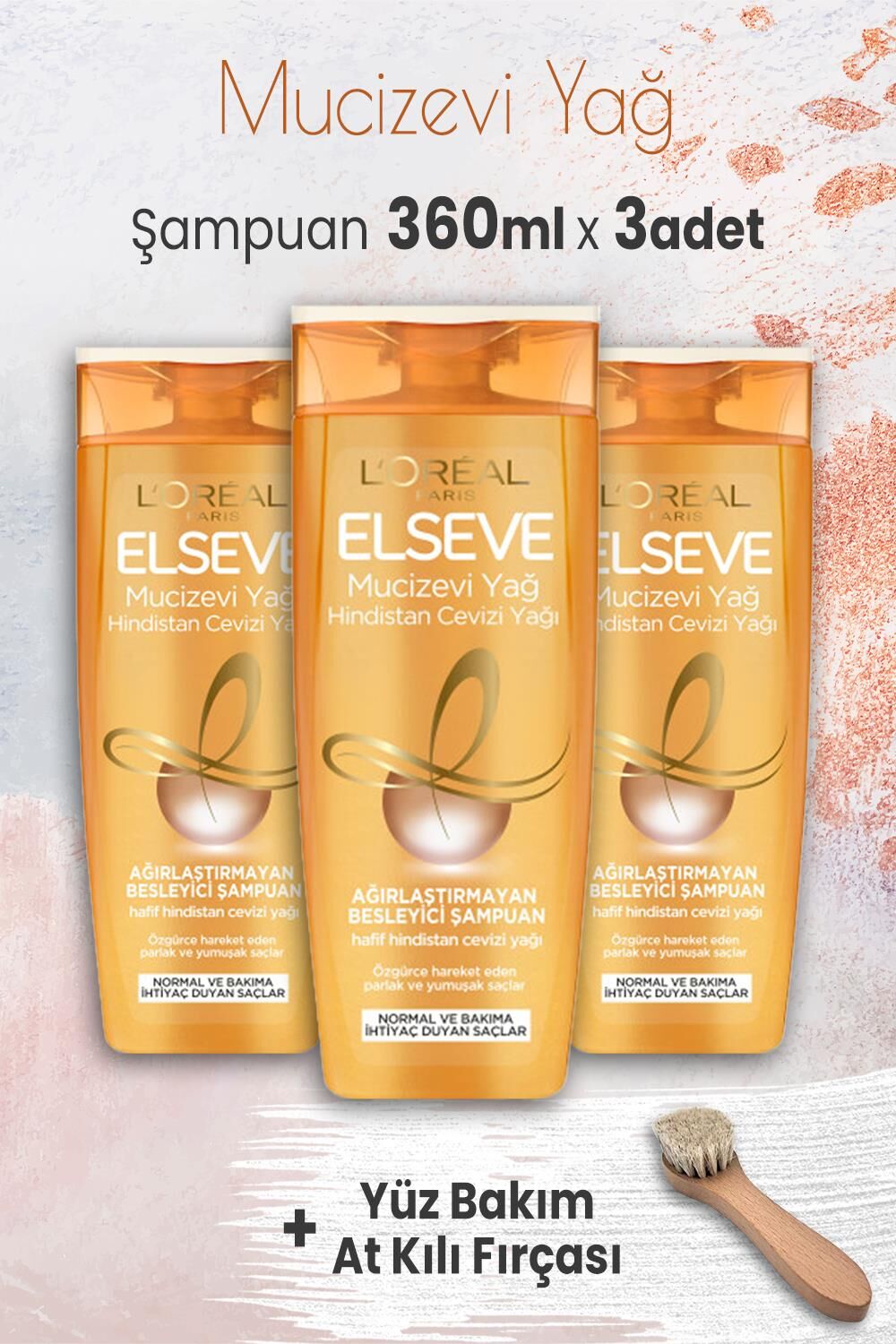 Elseve Mucizevi Yağ Şampuan Hindistan Cevizi 360 ml x 3 Adet ve Yüz Bakımı At Kılı Fırçası