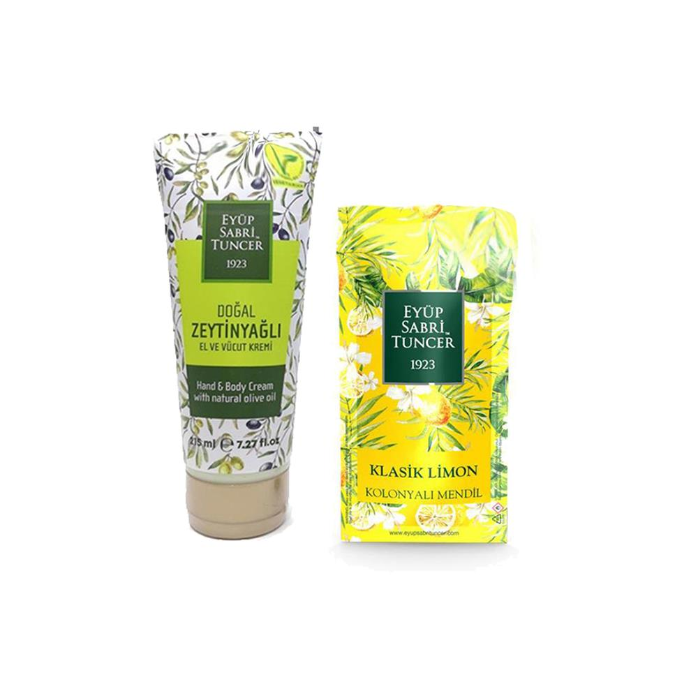 Eyüp Sabri Tuncer Doğal Zeytinyağlı El, Vücut Kremi 215 ml ve Kolonyalı Mendil
