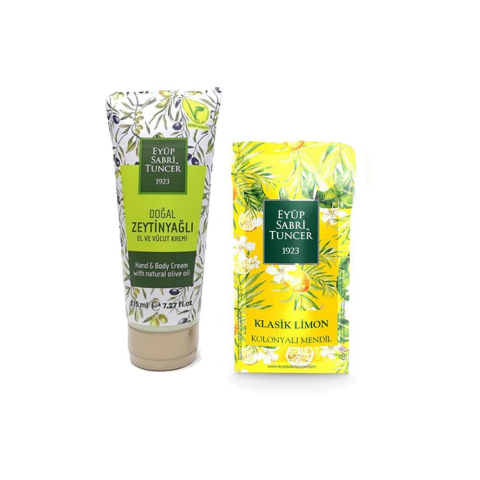Eyüp Sabri Tuncer Doğal Zeytinyağlı El, Vücut Kremi 215 ml ve Kolonyalı Mendil