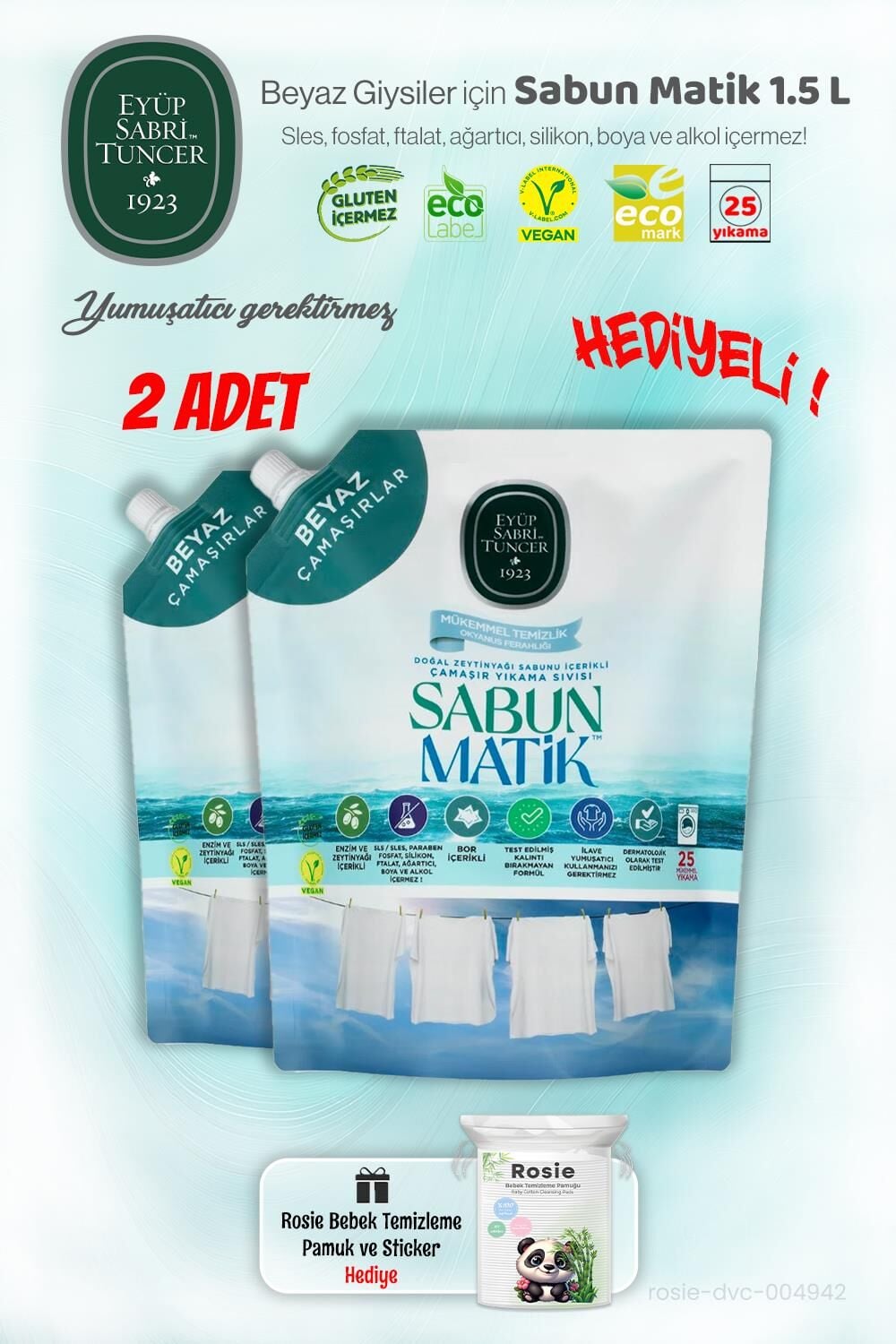 2 Adet Eyüp Sabri Tuncer Beyazlar Sıvı Sabun Matik 1.5 L ve ROSIE Hediye
