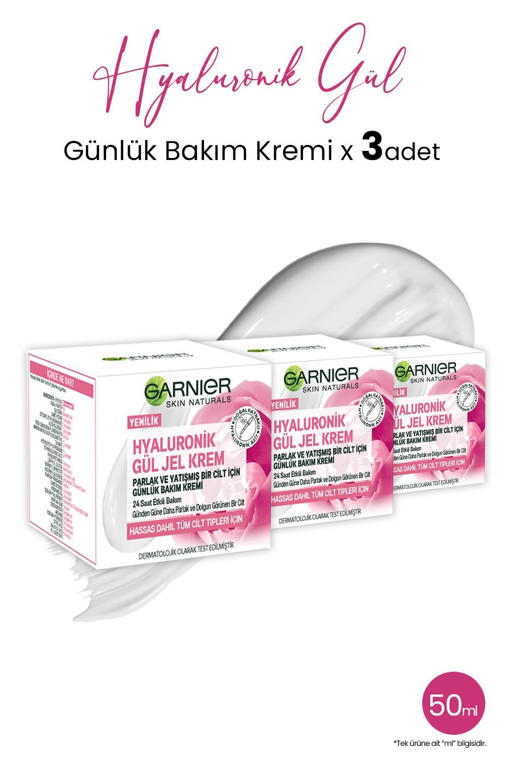 Garnier Günlük Bakım Gül Jel Krem Hyaluronik 50 ml x 3 adet