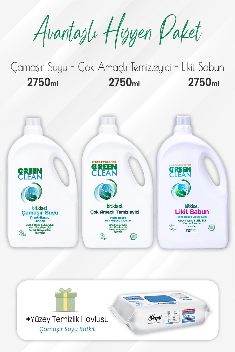 Green Clean Çamaşır Suyu, Çok Amaçlı Temizlik, Likit Sabun 2,75 lt ve Çamaşır Sulu Yüzey 100' lü