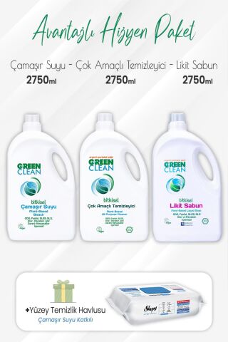 Green Clean Çamaşır Suyu, Çok Amaçlı Temizlik, Likit Sabun 2,75 lt ve Çamaşır Sulu Yüzey 100' lü