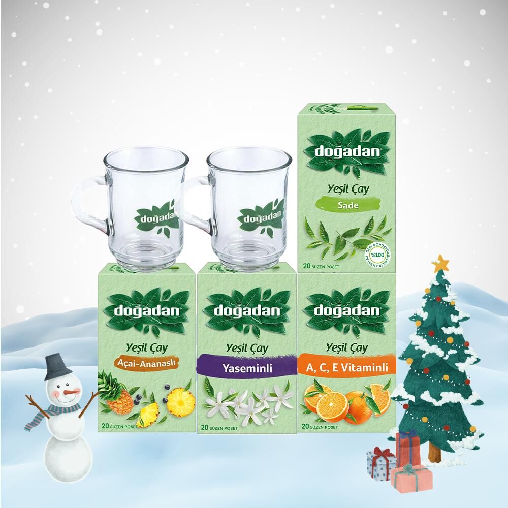 Doğadan Yılbaşı Özel Yeşil Çay Seti, 2 Adet Cam Bardak Hediyeli