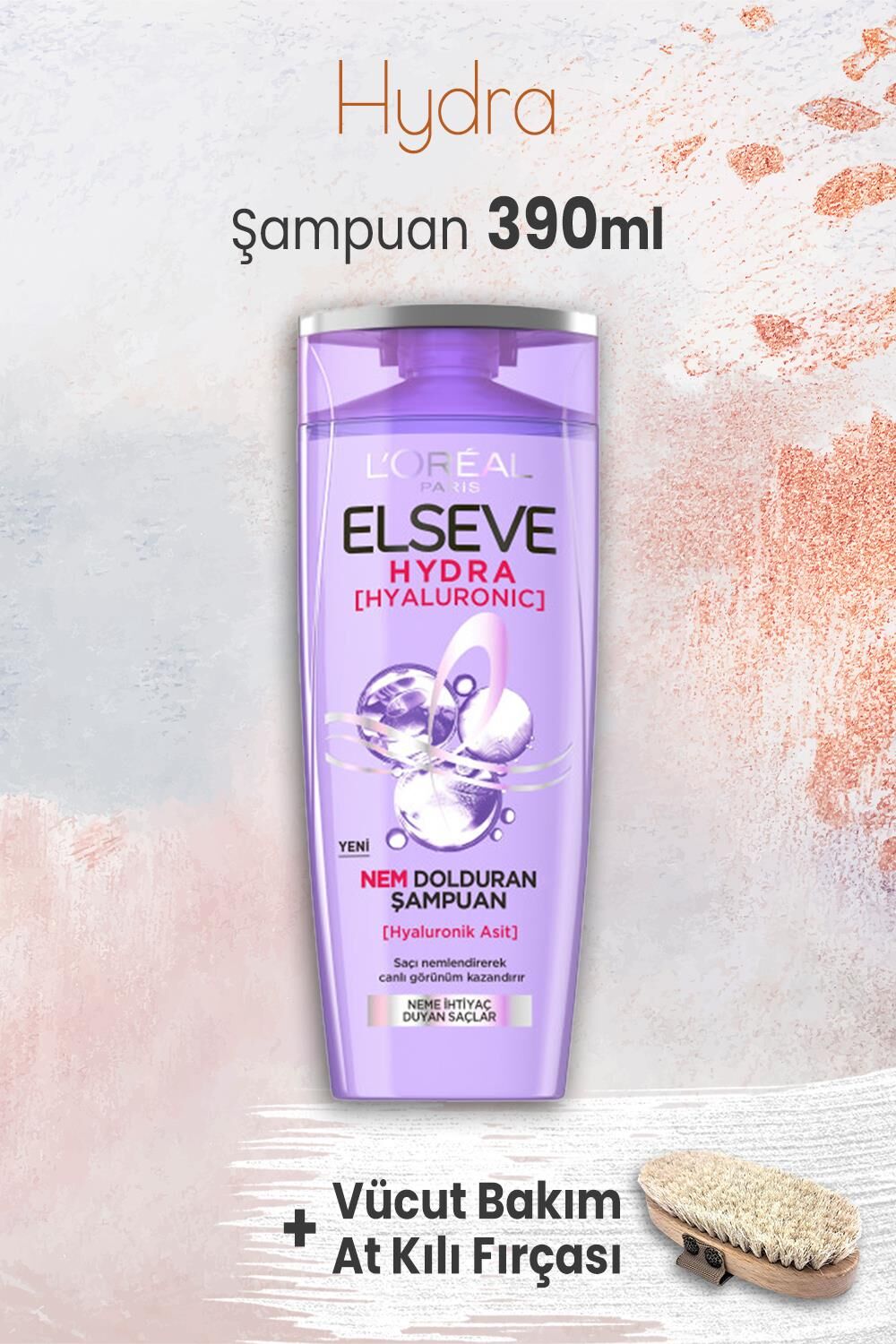 Elseve Hydra Hyaluronik Şampuan 390 ml ve Vücut Bakımı At Kılı Fırçası