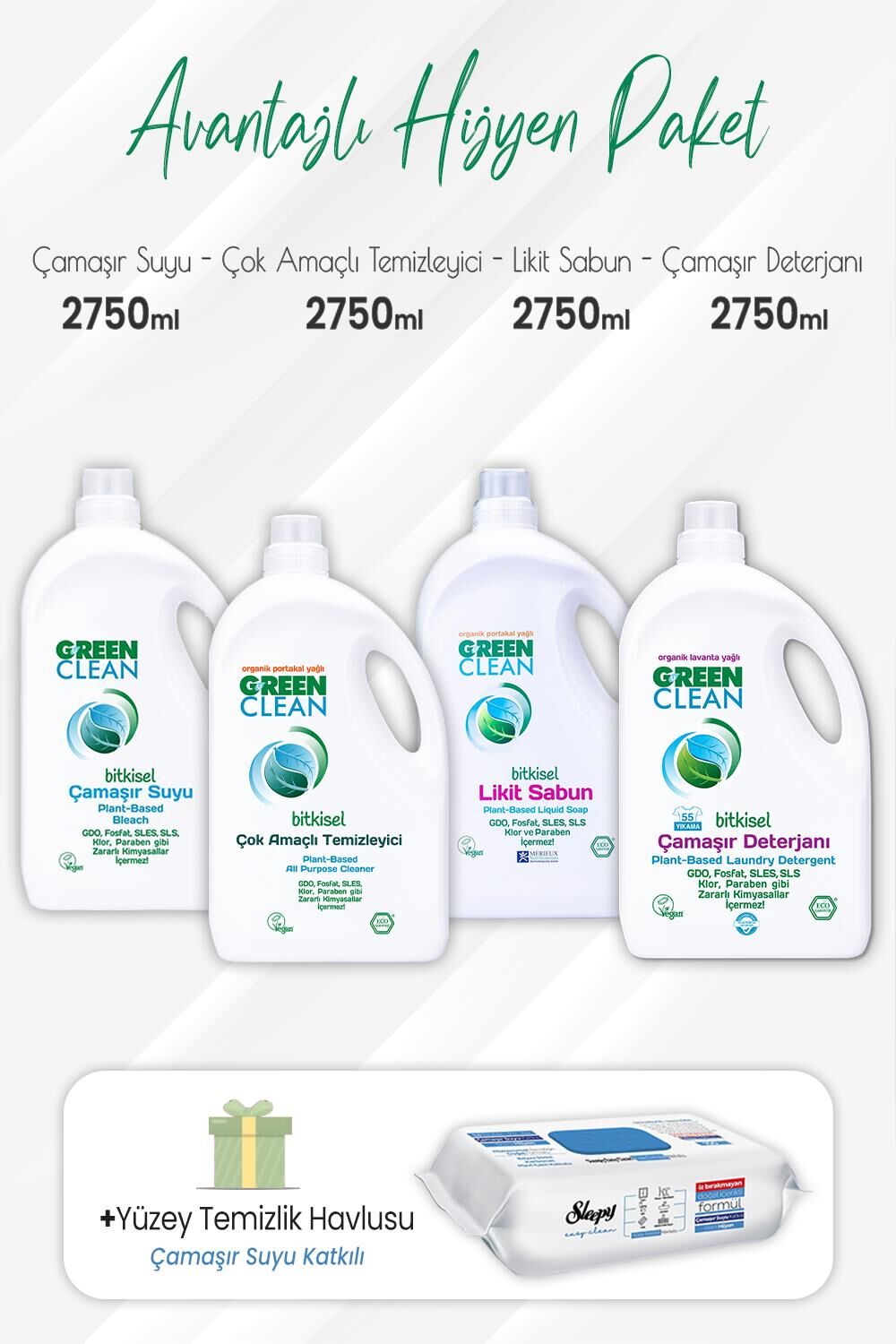 Green Clean Temizlik Hiyjen Seti 2750 ml ve Çamaşır Sulu Yüzey 100' lü