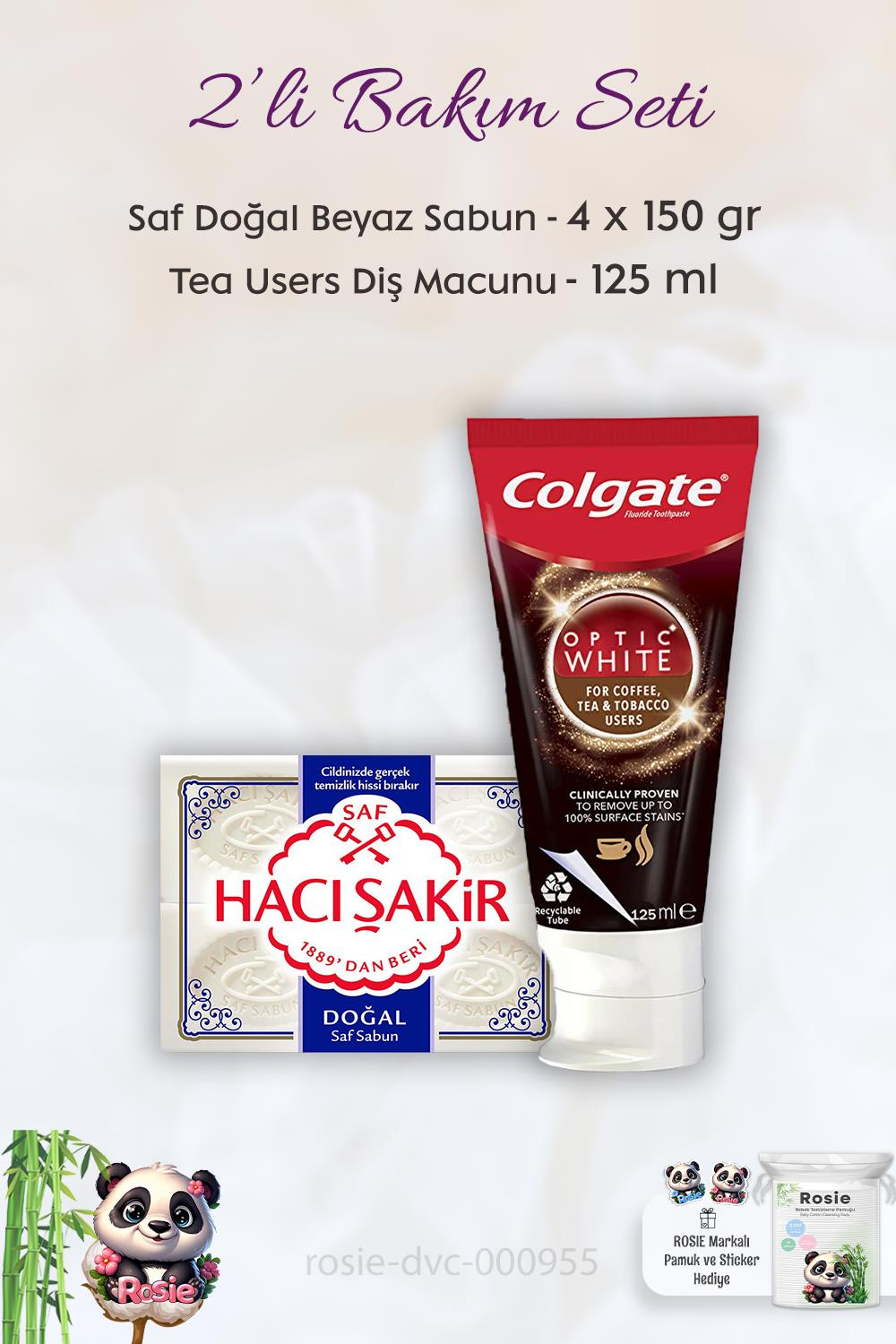 Colgate Kafein Kullananlar İçin Diş Macunu 125 ml, H. Şakir Saf Doğal Sabun 4 x 150 gr ve ROSIE