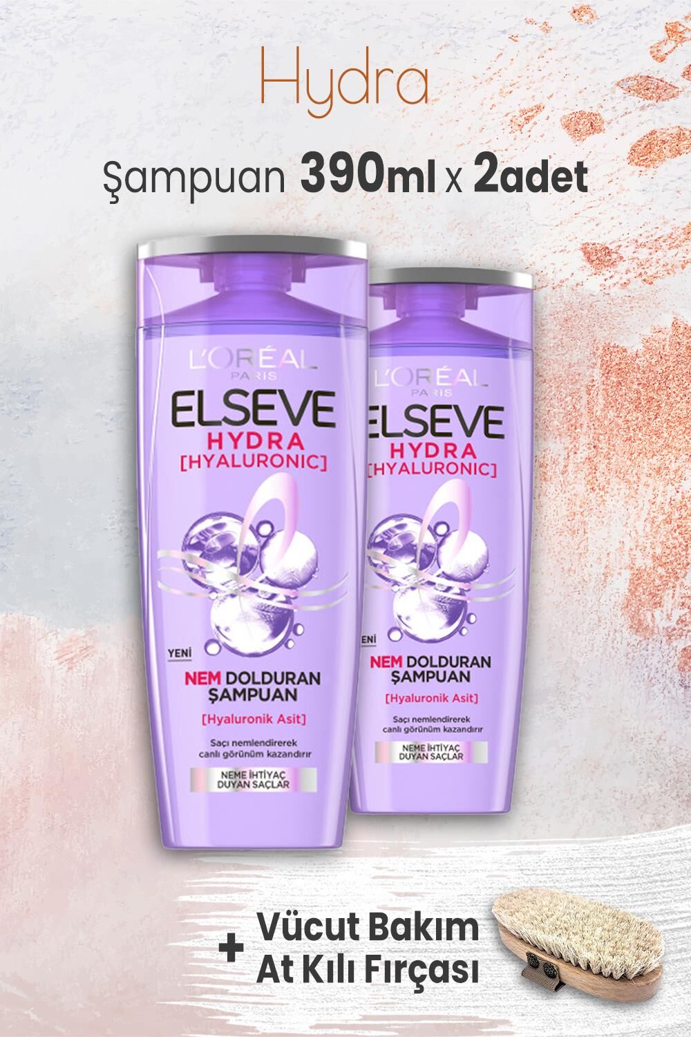 Elseve Hydra Hyaluronik Şampuan 390 ml x 2 Adet ve Vücut Bakımı At Kılı Fırçası