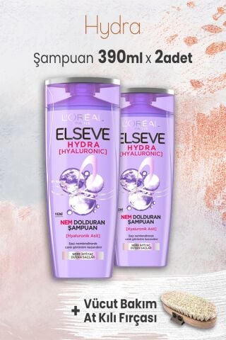 Elseve Hydra Hyaluronik Şampuan 390 ml x 2 Adet ve Vücut Bakımı At Kılı Fırçası