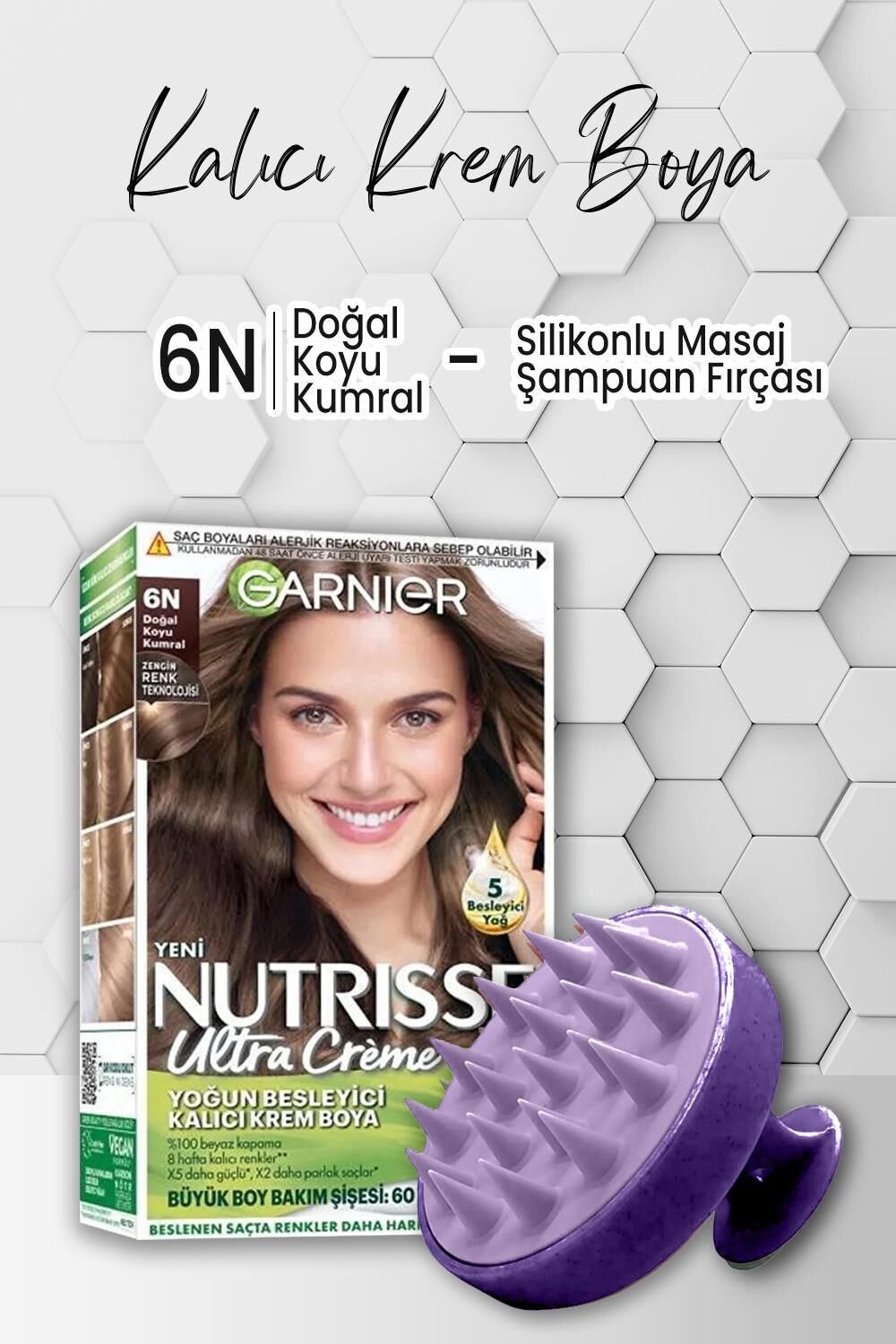 Garnier Nutrisse Yoğun Besleyici Krem Saç Boyası 6N Doğal Koyu Kumral ve Şampuan Fırçası Mor