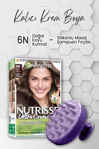 Garnier Nutrisse Yoğun Besleyici Krem Saç Boyası 6N Doğal Koyu Kumral ve Şampuan Fırçası Mor