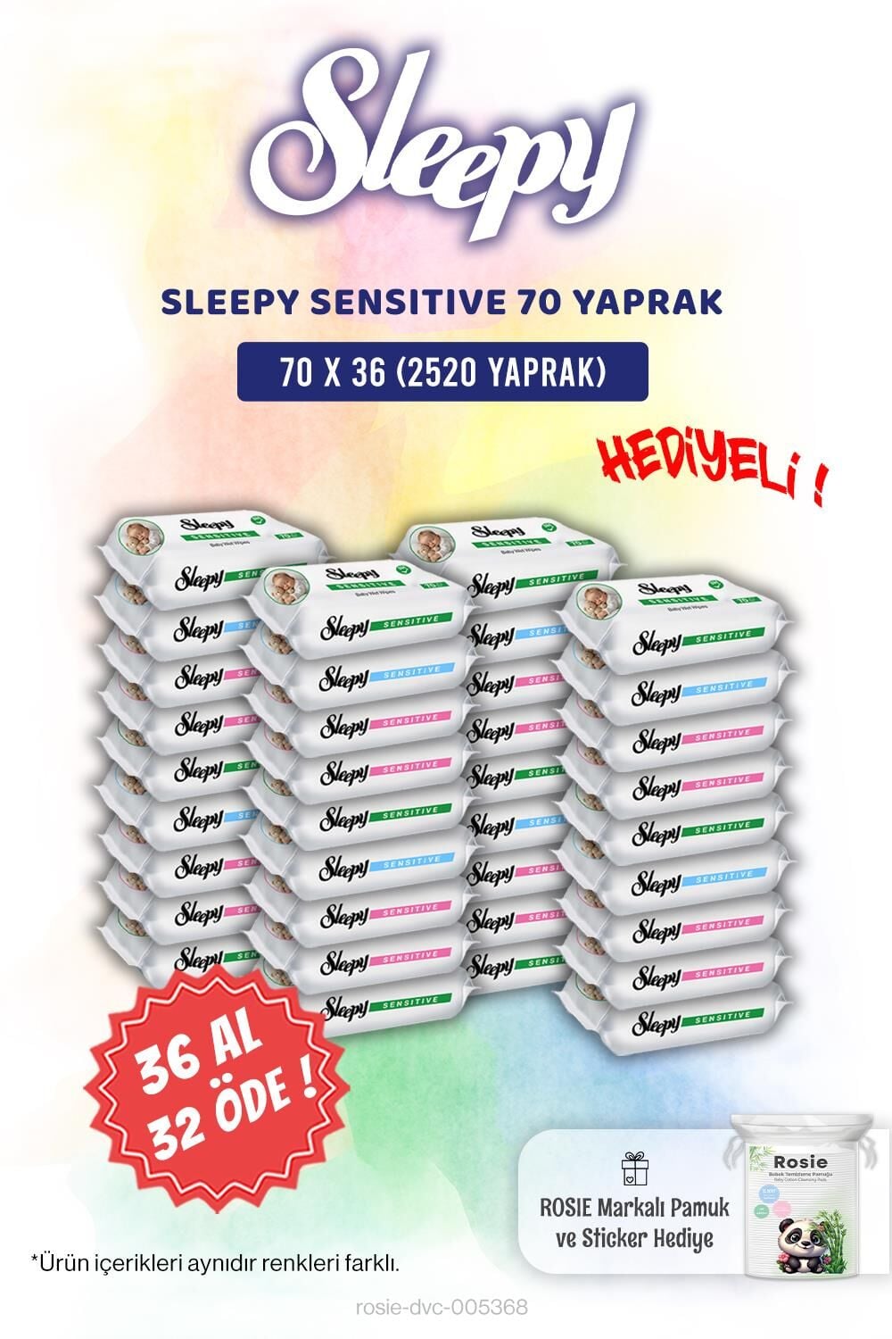 Sleepy 36 AL 32 ÖDE 70'li Sensitive Bebek Islak Havlu ve ROSIE Hediye
