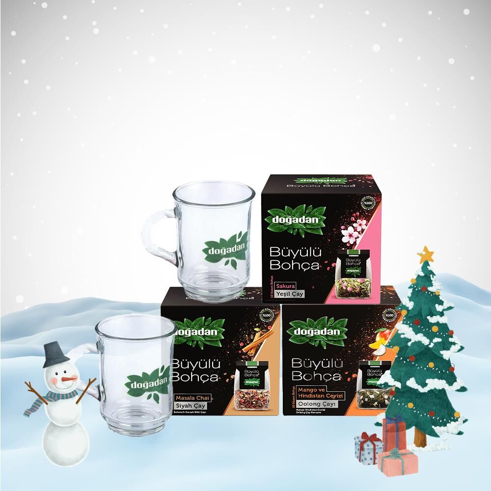 Doğadan Yılbaşı Paketi Büyülü Bohça Masala Chai, Oolong ve Sakura, 2 Adet Cam Bardak Hediyeli