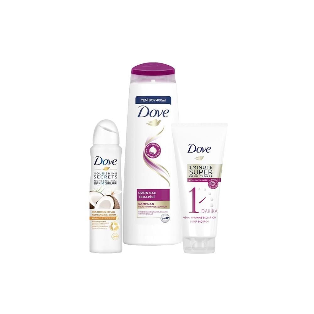 Dove Uzun Saç Terapisi Şampuan, Saç Kremi ve Hindistan Cevizi Sprey Deodorant
