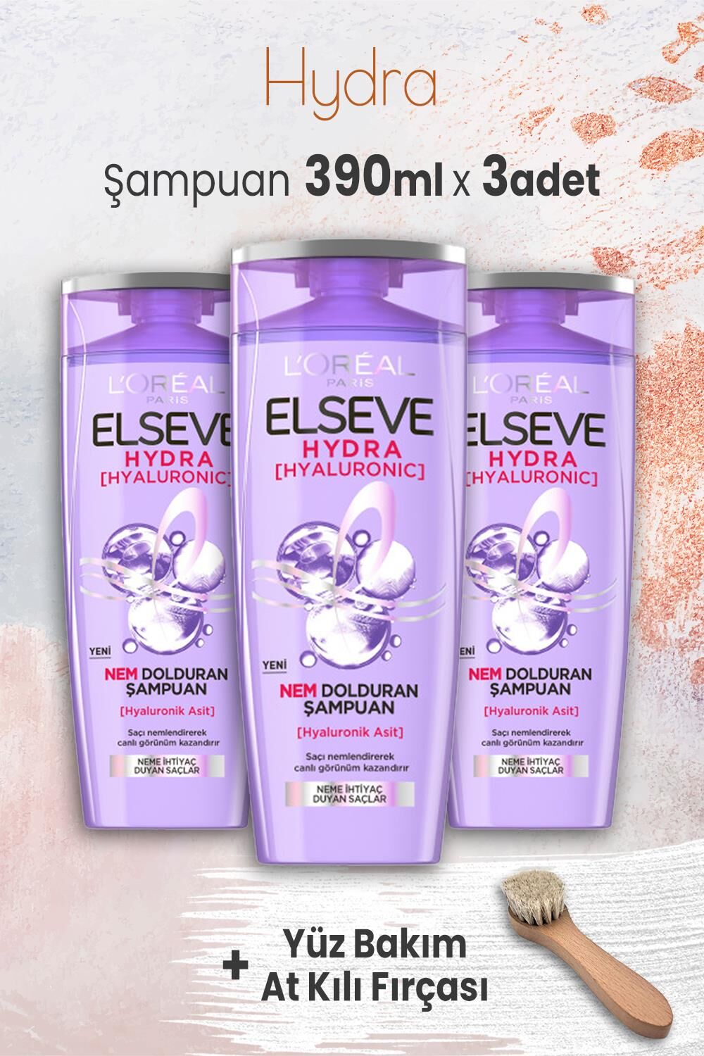 Elseve Hydra Hyaluronik Şampuan 390 ml x 3 Adet ve Yüz Bakım At Kılı Fırçası