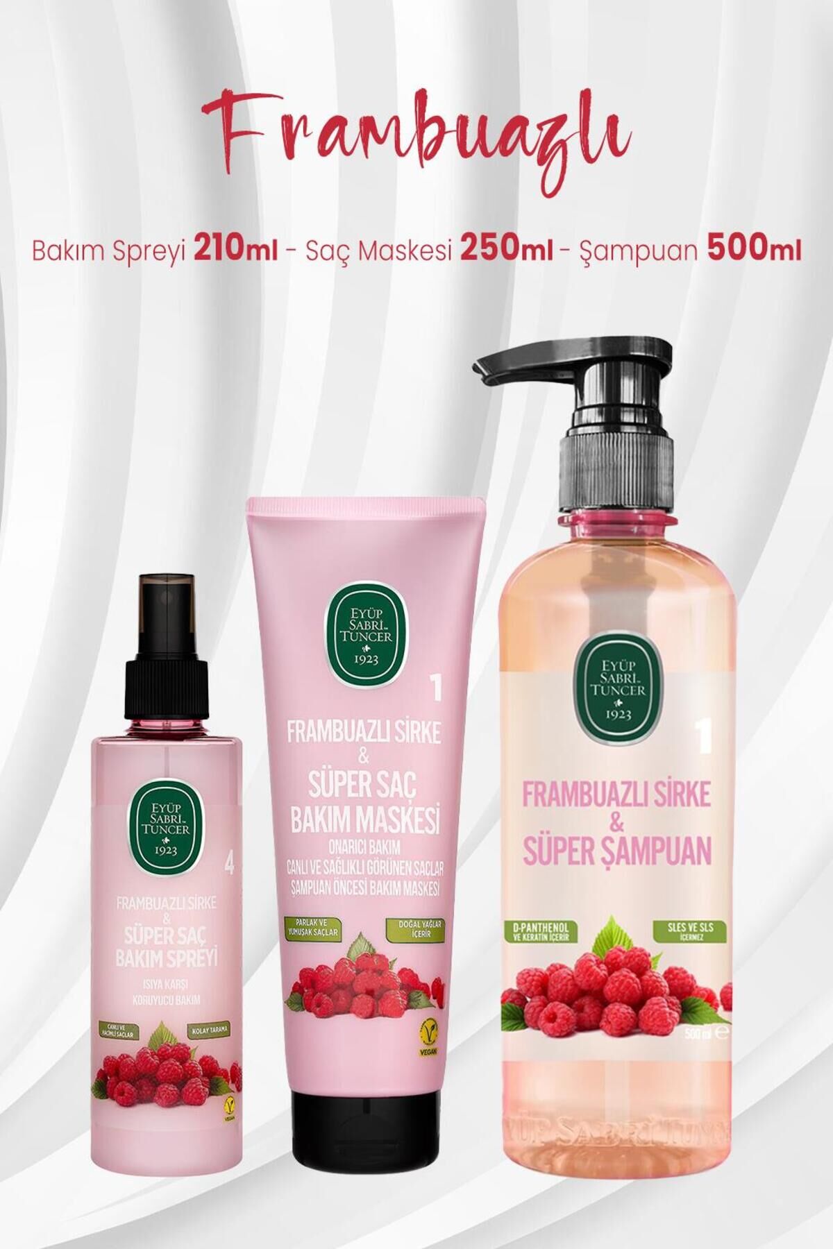 Eyüp Sabri Tuncer Frambuazlı Saç Bakım Spreyi 210 ml, Maskesi 250 ml ve Şampuan 500 ml