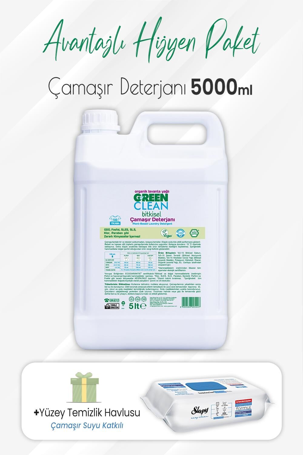 Green Clean Çamaşır Deterjan 5 lt ve Çamaşır Sulu Yüzey 100' lü