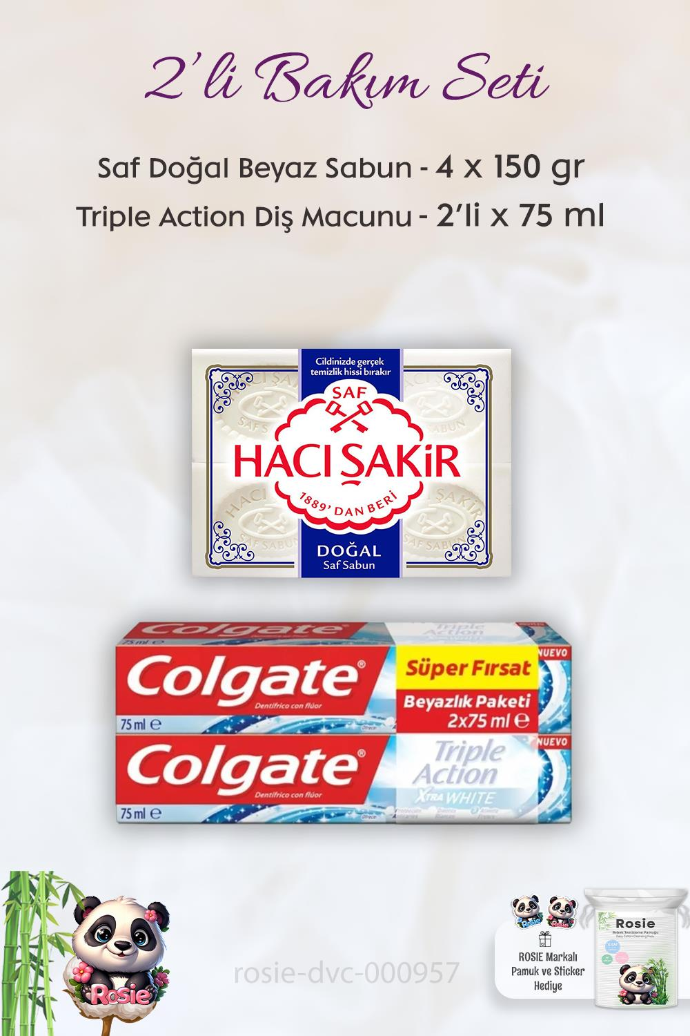 Colgate Triple Action Extra White Diş Macunu 2 x 75 ml,  H. Şakir Saf Doğal Sabun 4 x 150 gr ve ROSIE