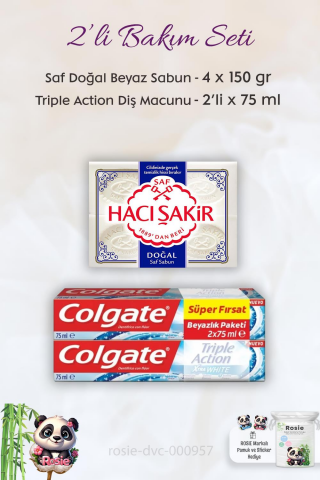 Colgate Triple Action Extra White Diş Macunu 2 x 75 ml,  H. Şakir Saf Doğal Sabun 4 x 150 gr ve ROSIE