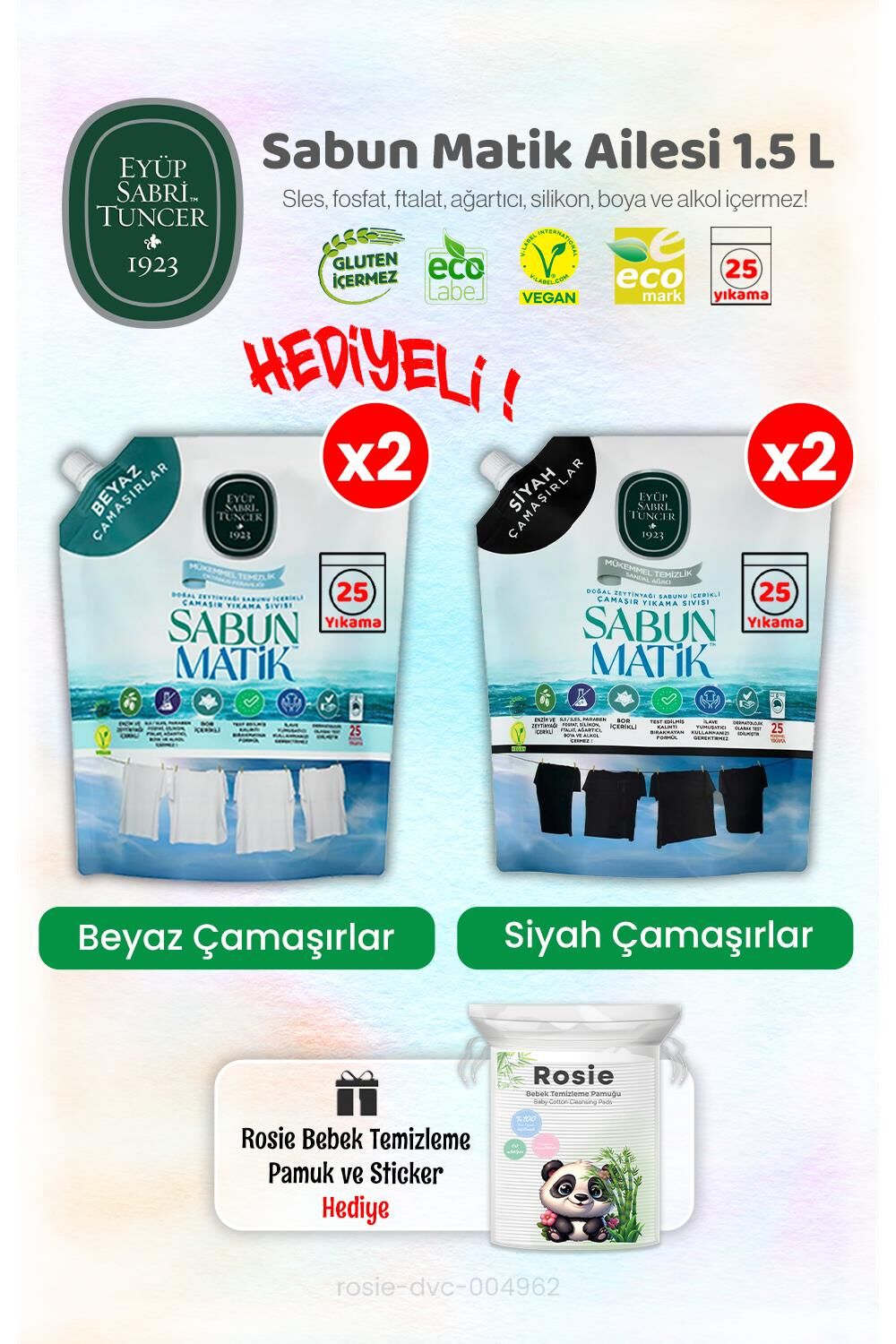 Siyahlar x2 + Beyazlar x2 Çamaşır Yıkama Sıvısı 1.5 L ve ROSIE