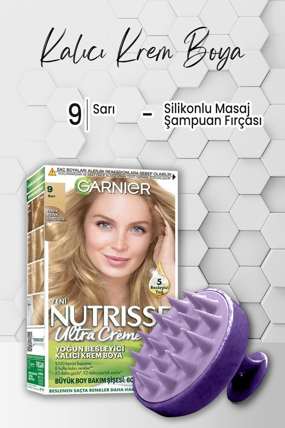 Garnier Nutrisse Yoğun Besleyici Krem Saç Boyası 9 Sarı ve Şampuan Fırçası Mor