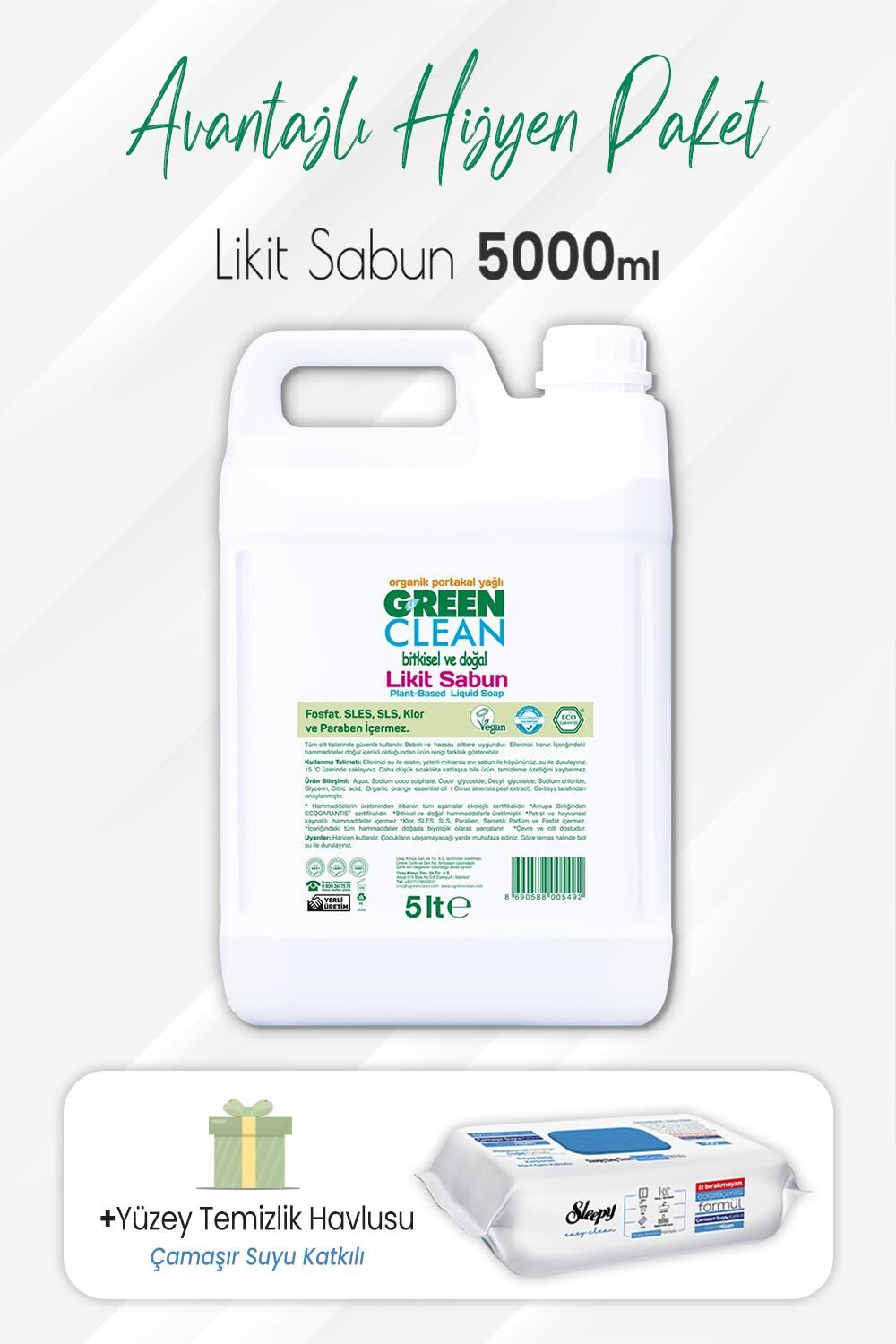 Green Clean Likit Sabun 5 lt ve Çamaşır Sulu Yüzey 100' lü