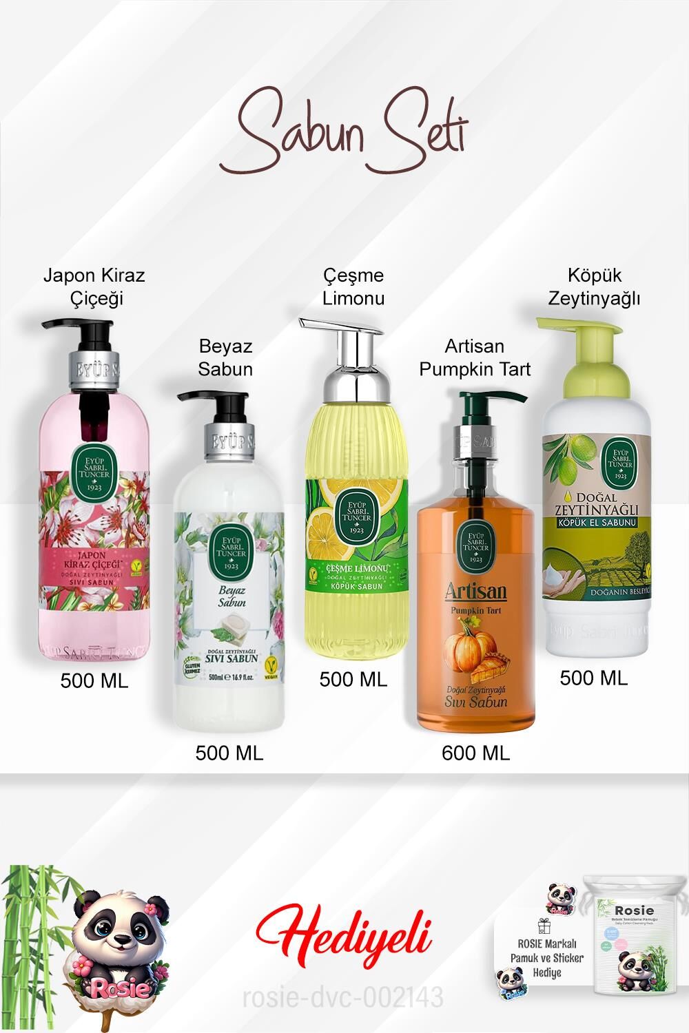 Sabun Paket Çeşme Limonu, Artisan Pumpkin, Beyaz Sabun, Zeytinyağlı, Japon Kiraz Çiçeği ve Rosie