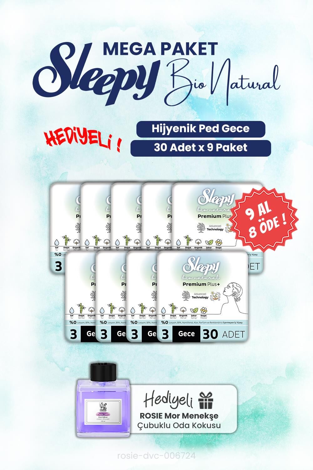9 AL 8 ÖDE Sleepy Bio Natural Hijyenik Ped Gece 30'lu ve ROSIE oda kokusu