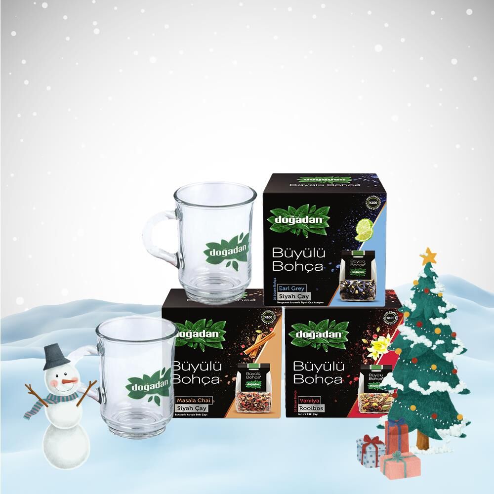 Doğadan Yılbaşı Paketi Büyülü Bohça Earl Grey, Masala ve Rooibos, 2 Adet Cam Bardak Hediyeli