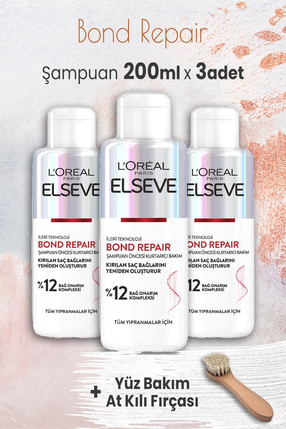 Elseve Bond Repair Şampuan Öncesi 200 ml x 3 Adet ve Yüz Bakım At Kılı Fırçası