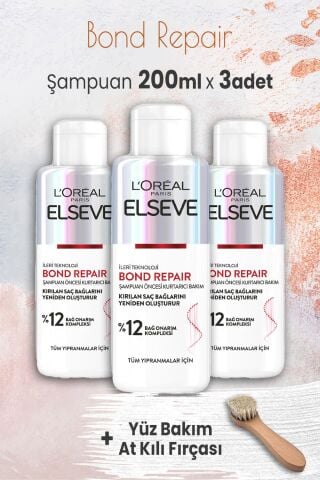 Elseve Bond Repair Şampuan Öncesi 200 ml x 3 Adet ve Yüz Bakım At Kılı Fırçası