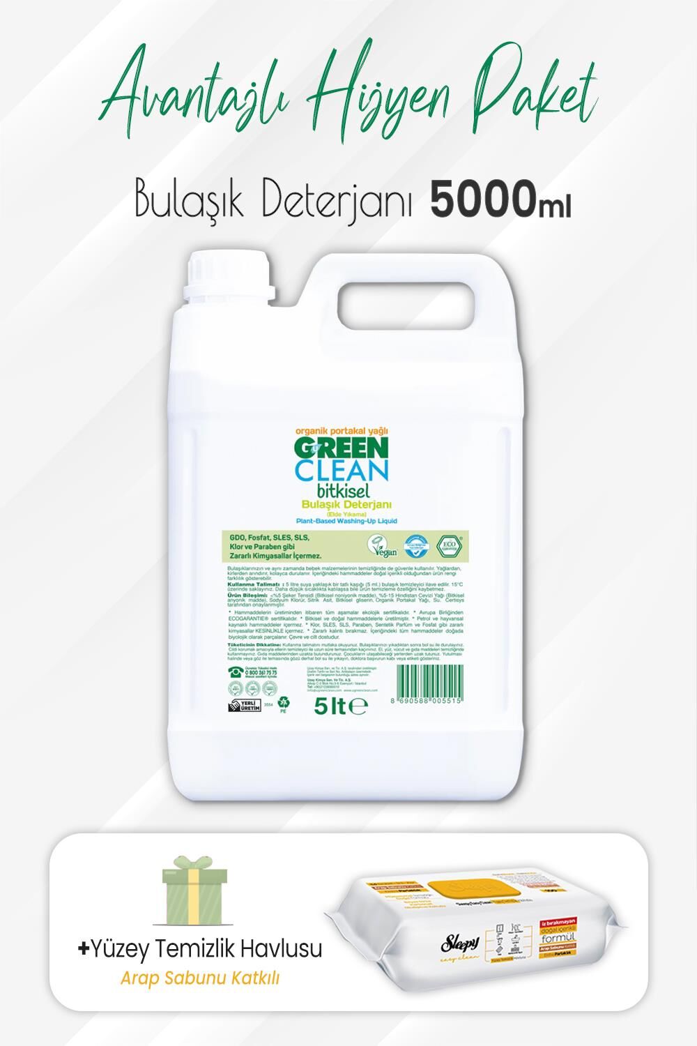 Green Clean Bulaşık Deterjanı 5 lt ve Arap Sabunlu Yüzey Temizlik 100' lü