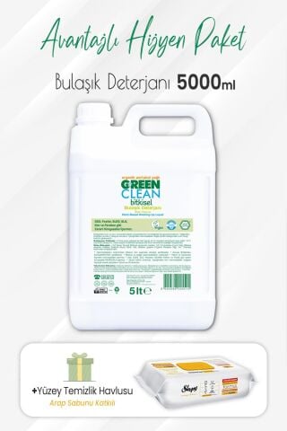 Green Clean Bulaşık Deterjanı 5 lt ve Arap Sabunlu Yüzey Temizlik 100' lü