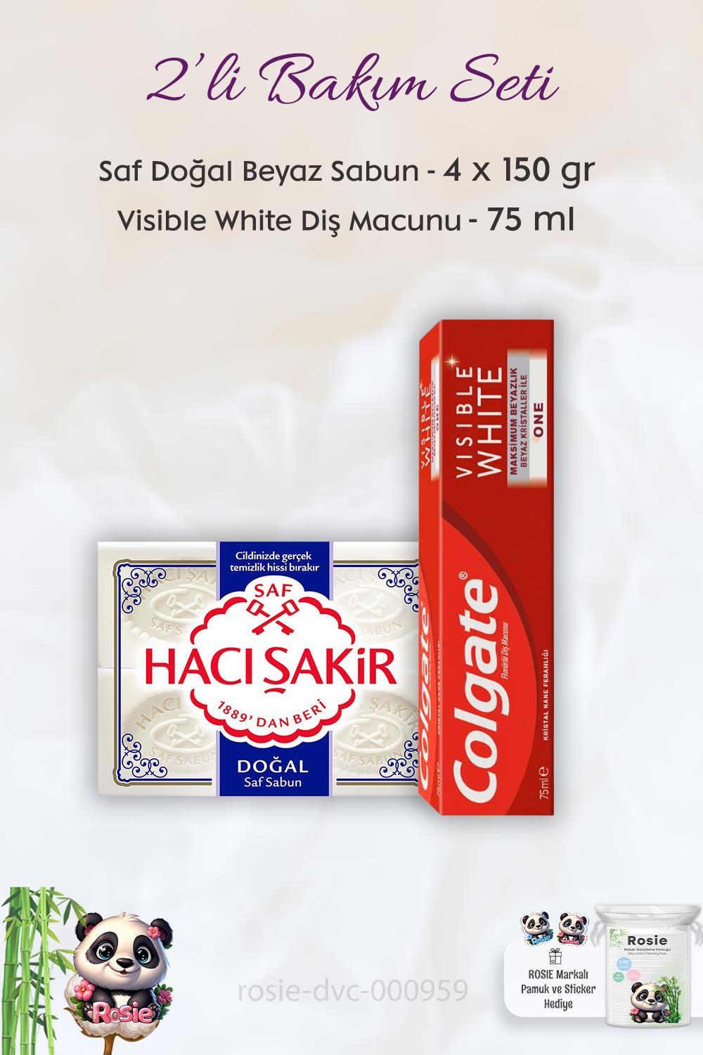 Colgate Visible White Diş Macunu 75 ml, H. Şakir Saf Doğal Sabun 4 x 150 gr ve ROSIE