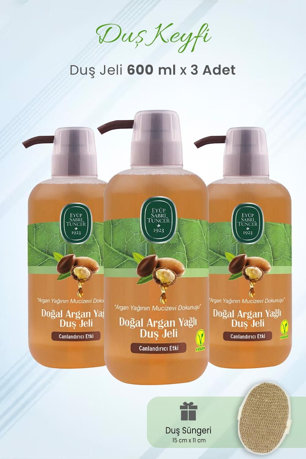 Eyüp Sabri Tuncer Duş Jeli Doğal Argan Yağlı 600 ml x 3 Adet ve Duş Süngeri