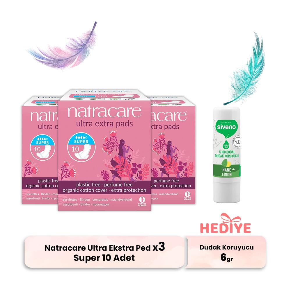 Natracare Ultra Ekstra Ped Super 10 Adet x 3, Dudak Koruyucu Hediyeli