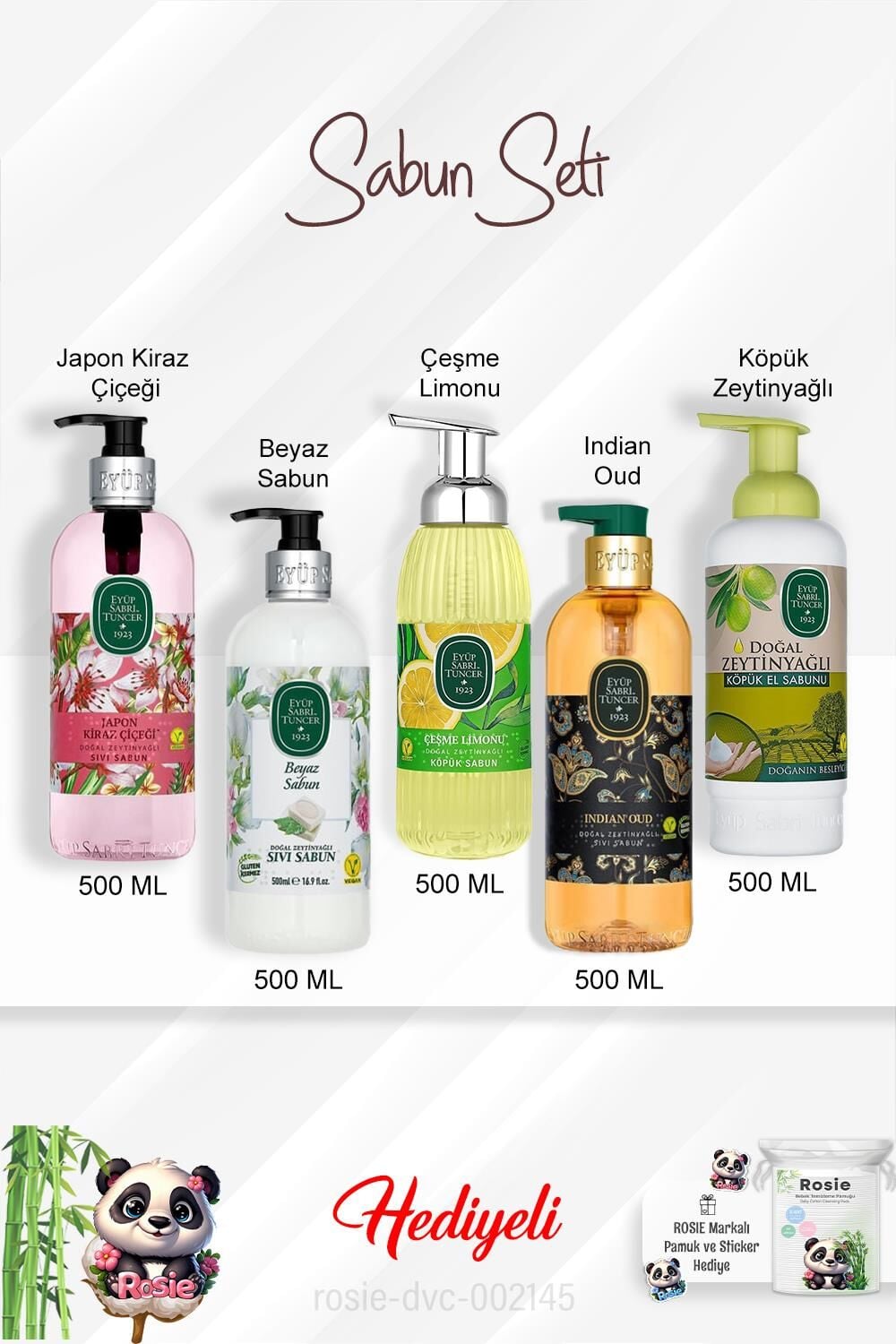 Sabun Paket 500 ML Çeşme Limonu, Indian Oud, Beyaz Sabun, Zeytinyağlı, Japon Kiraz Çiçeği ve Rosie