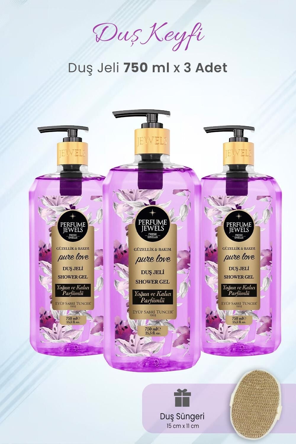 Eyüp Sabri Tuncer Duş Jeli Pure Love  750 ml x 3 Adet ve Duş Süngeri