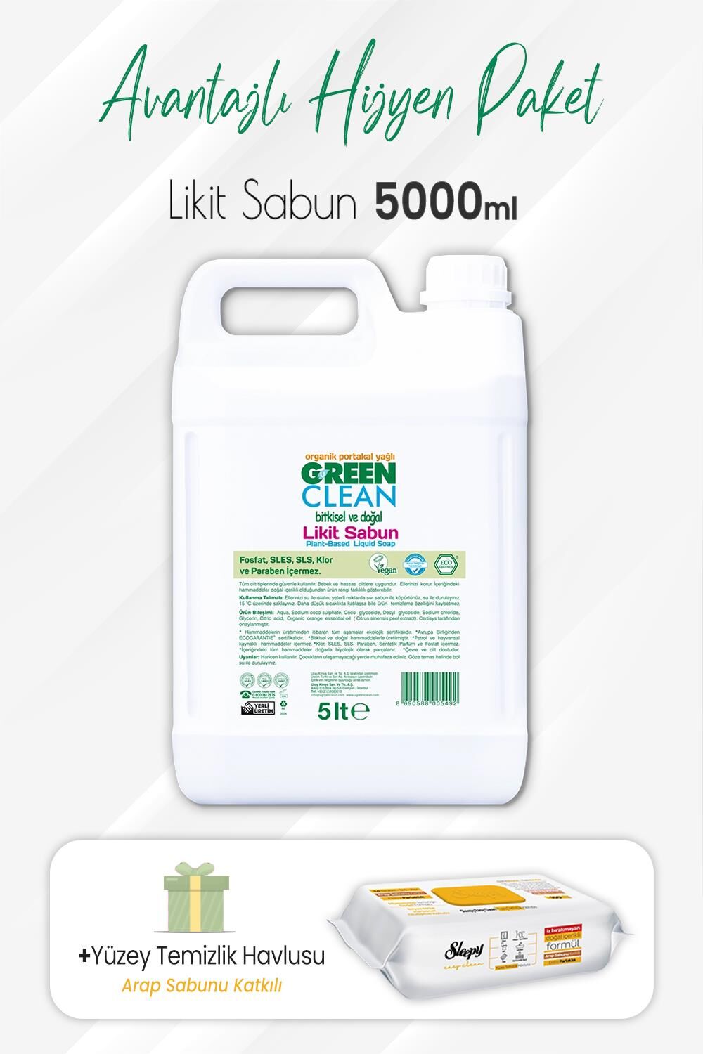 Green Clean Bitkisel Likit Sabun 5 lt ve Arap Sabunlu Yüzey Temizlik 100' lü