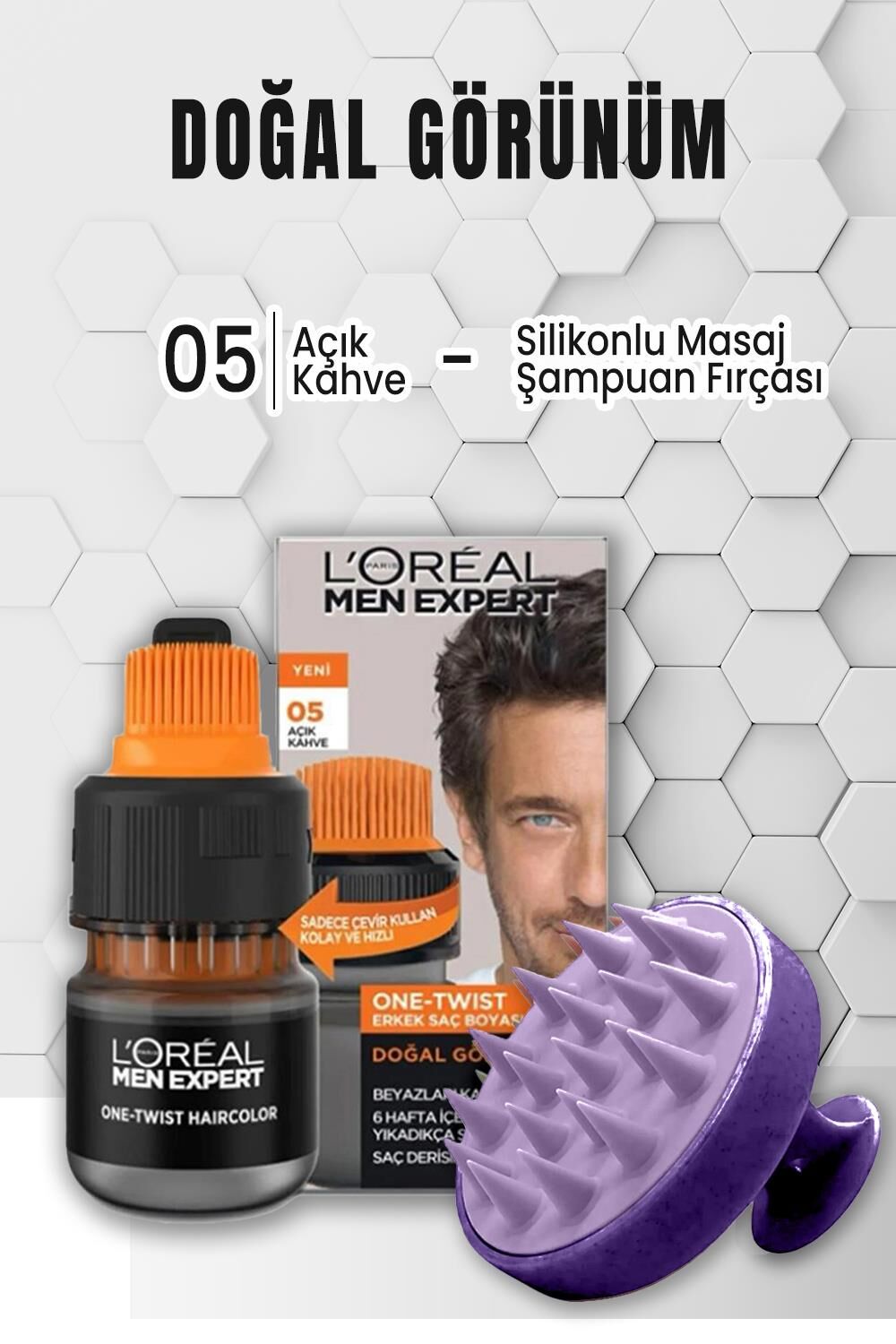 Loreal Paris Men Expert Erkek Saç Boyası 05 Açık Kahve ve Şampuan Fırçası Mor