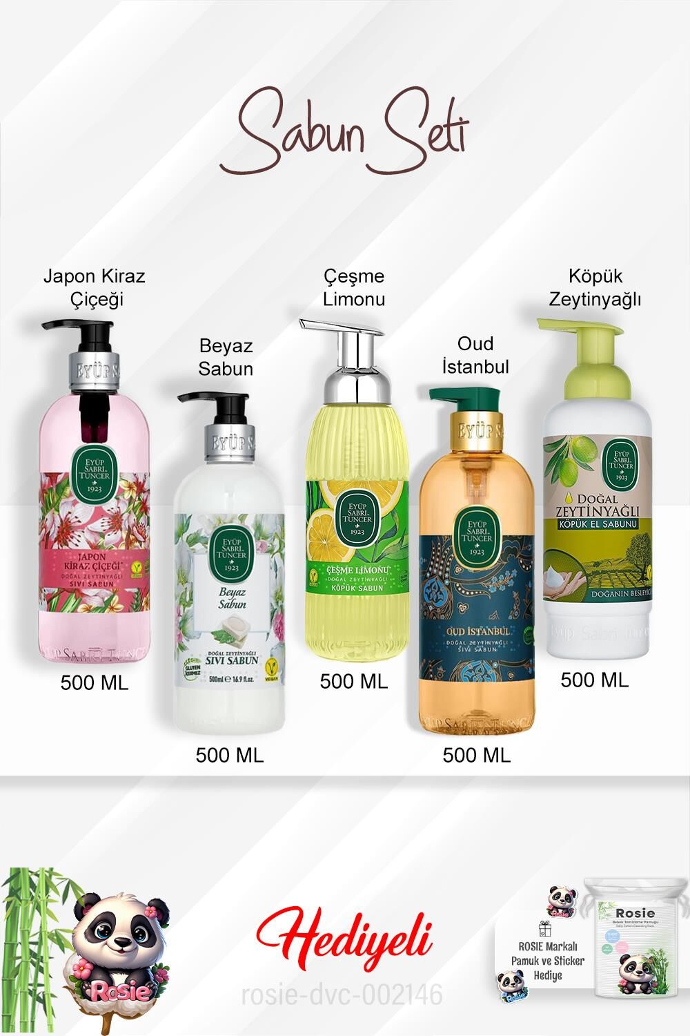 Sabun Paket 500 ML Beyaz Sabun, Çeşme Limonu, Oud İstanbul, Zeytinyağlı, Japon Kiraz Çiçeği ve Rosie
