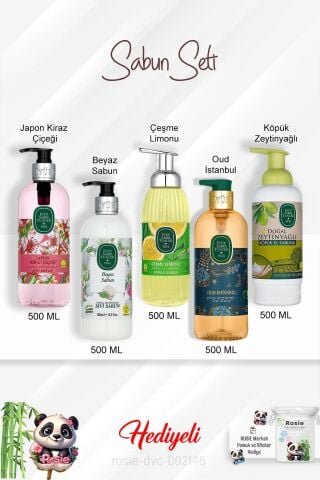 Sabun Paket 500 ML Beyaz Sabun, Çeşme Limonu, Oud İstanbul, Zeytinyağlı, Japon Kiraz Çiçeği ve Rosie