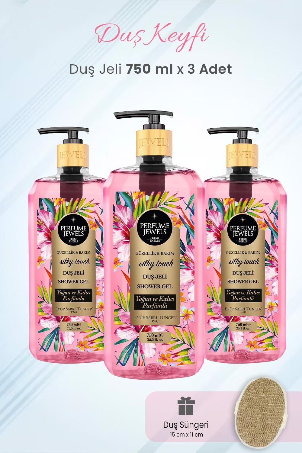 Eyüp Sabri Tuncer Duş Jeli Silky Touch 750 ml x 3 Adet ve Duş Süngeri