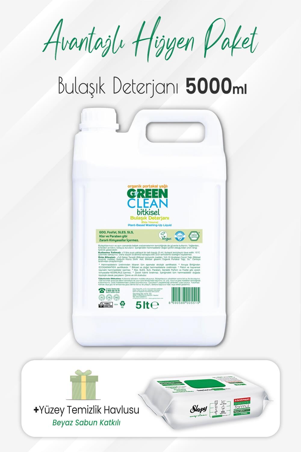 Green Clean Bitkisel Bulaşık Deterjanı 5 lt ve Easy Clean Yüzey Temizlik 100' lü