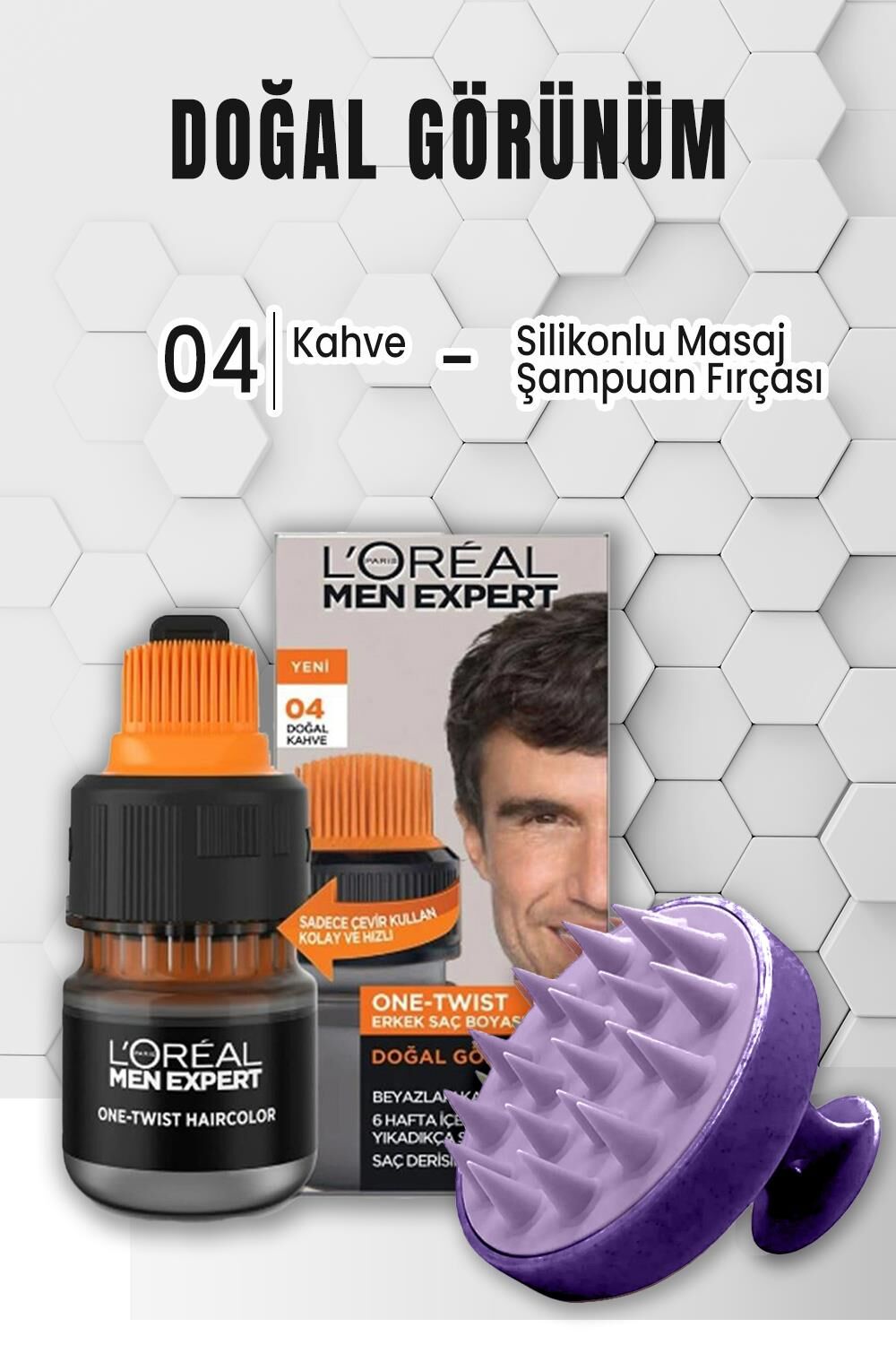 Loreal Paris Men Expert Erkek Saç Boyası 04 Kahve ve Şampuan Fırçası Mor